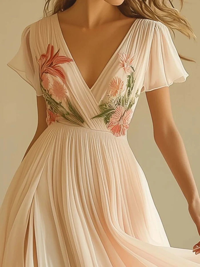Pink Floral V Neck Short Sleeve Maxi Dress