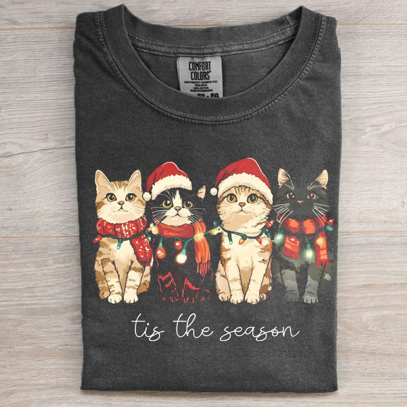 Christmas Cat Washed Cotton Crew Neck T-Shirt