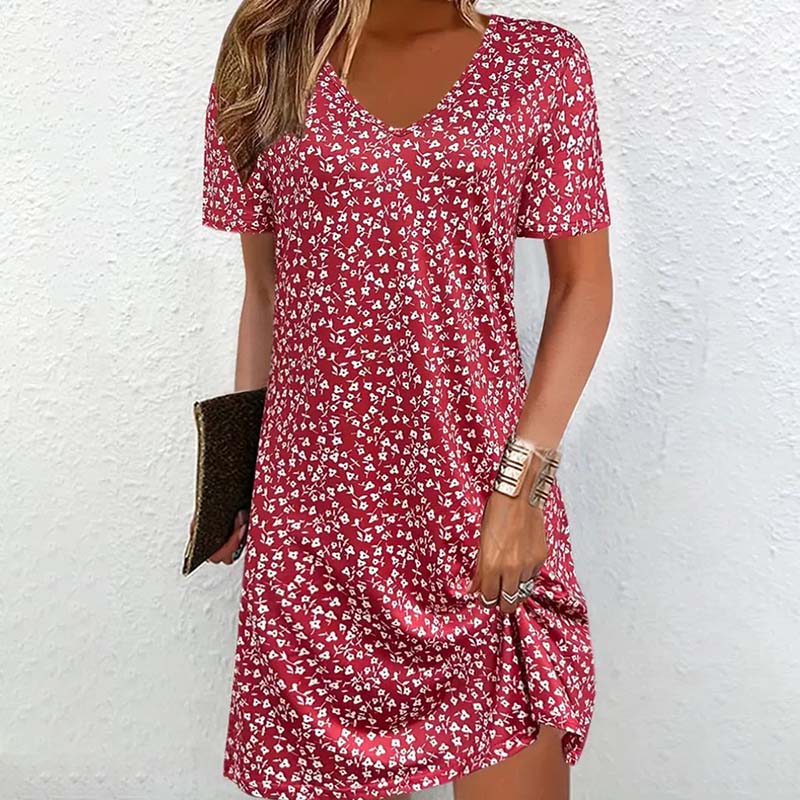 Kleid mit V-Ausschnitt und kurzen Ärmeln und Blumenmuster