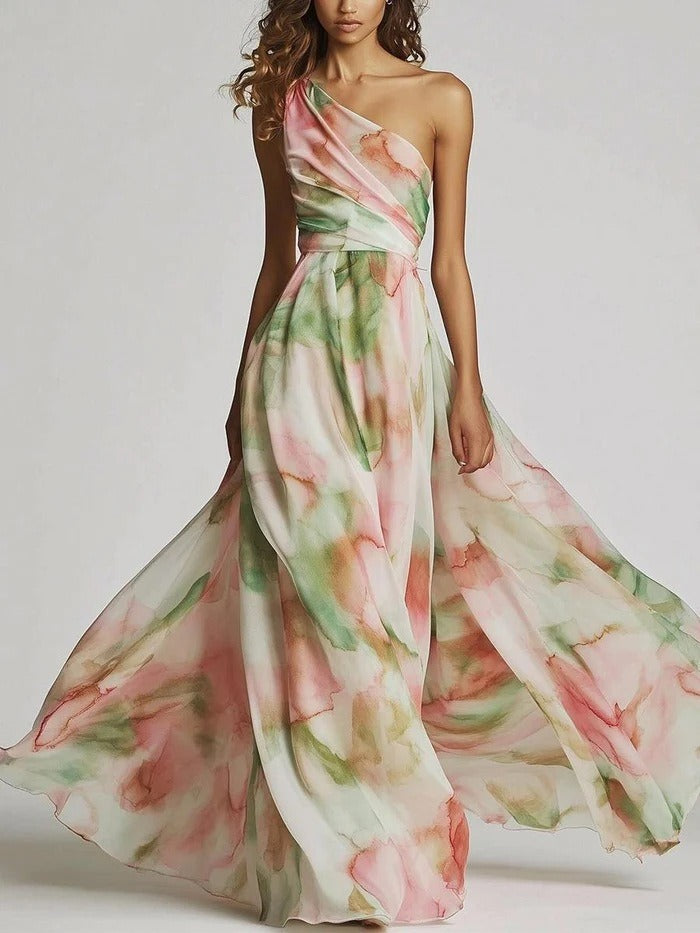Floral Holiday Slant Shoulder Sleeveless Maxi Dress