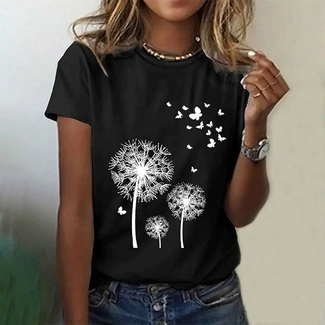 Dandelion Print Casual Crew Neck T-shirt
