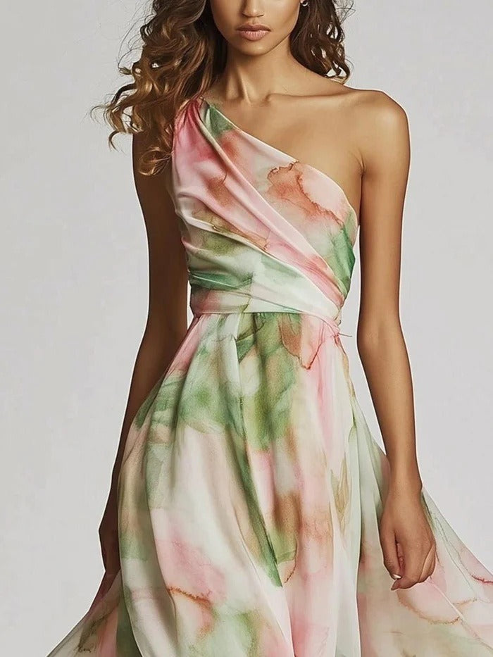 Floral Holiday Slant Shoulder Sleeveless Maxi Dress