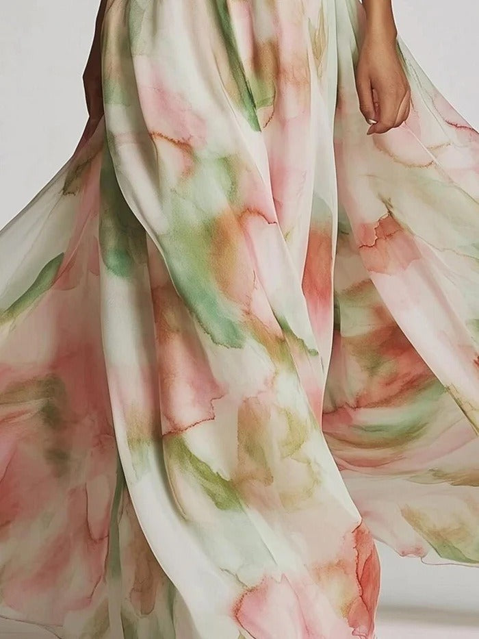 Floral Holiday Slant Shoulder Sleeveless Maxi Dress