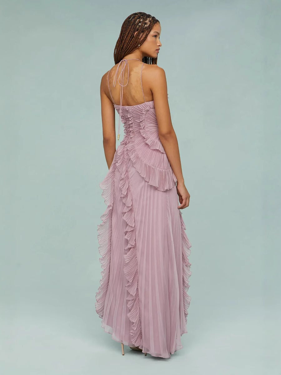 Elegant Chiffon Ruffled Ruffle Design Slimming Midi Dress