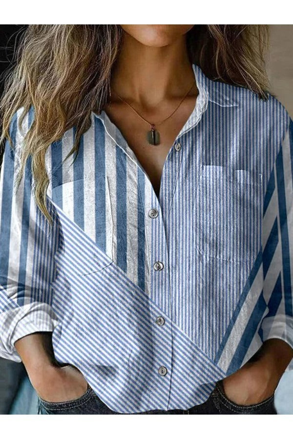 Asymmetric Blue-and-White Striped Blouse