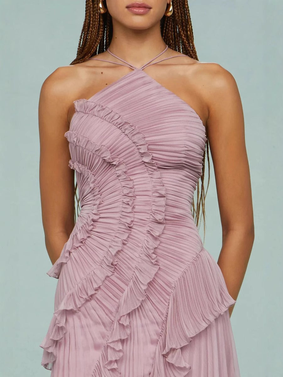 Elegant Chiffon Ruffled Ruffle Design Slimming Midi Dress