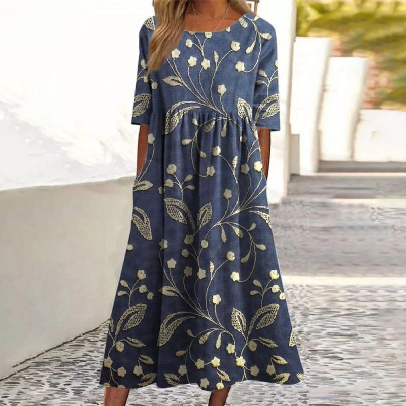 Kleid mit abstrakten Blumen, Seitentaschen, Rundhalsausschnitt und kurzen Ärmeln