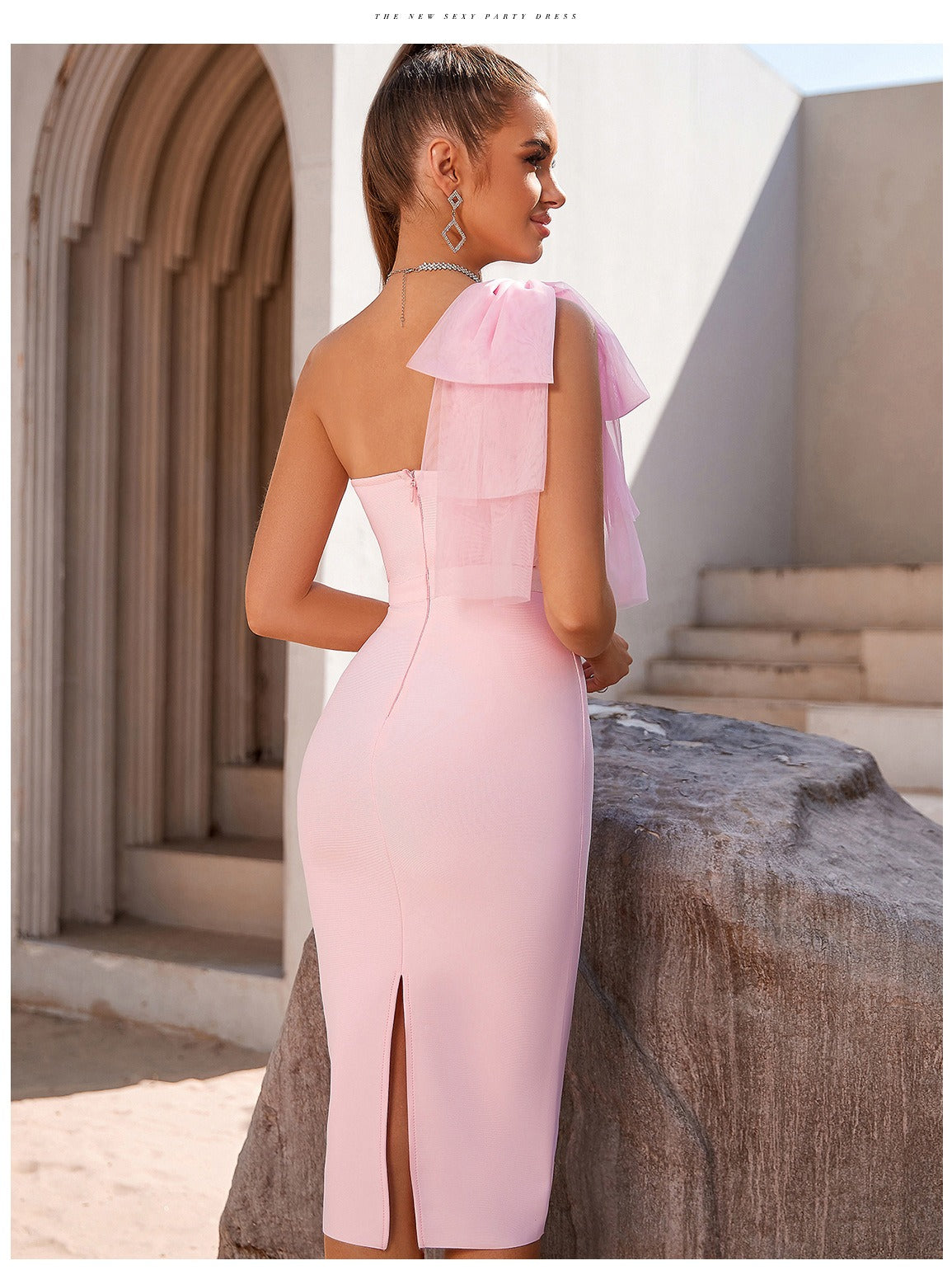 Elegant One Shoulder Mesh Bow Bandage Midi Dress