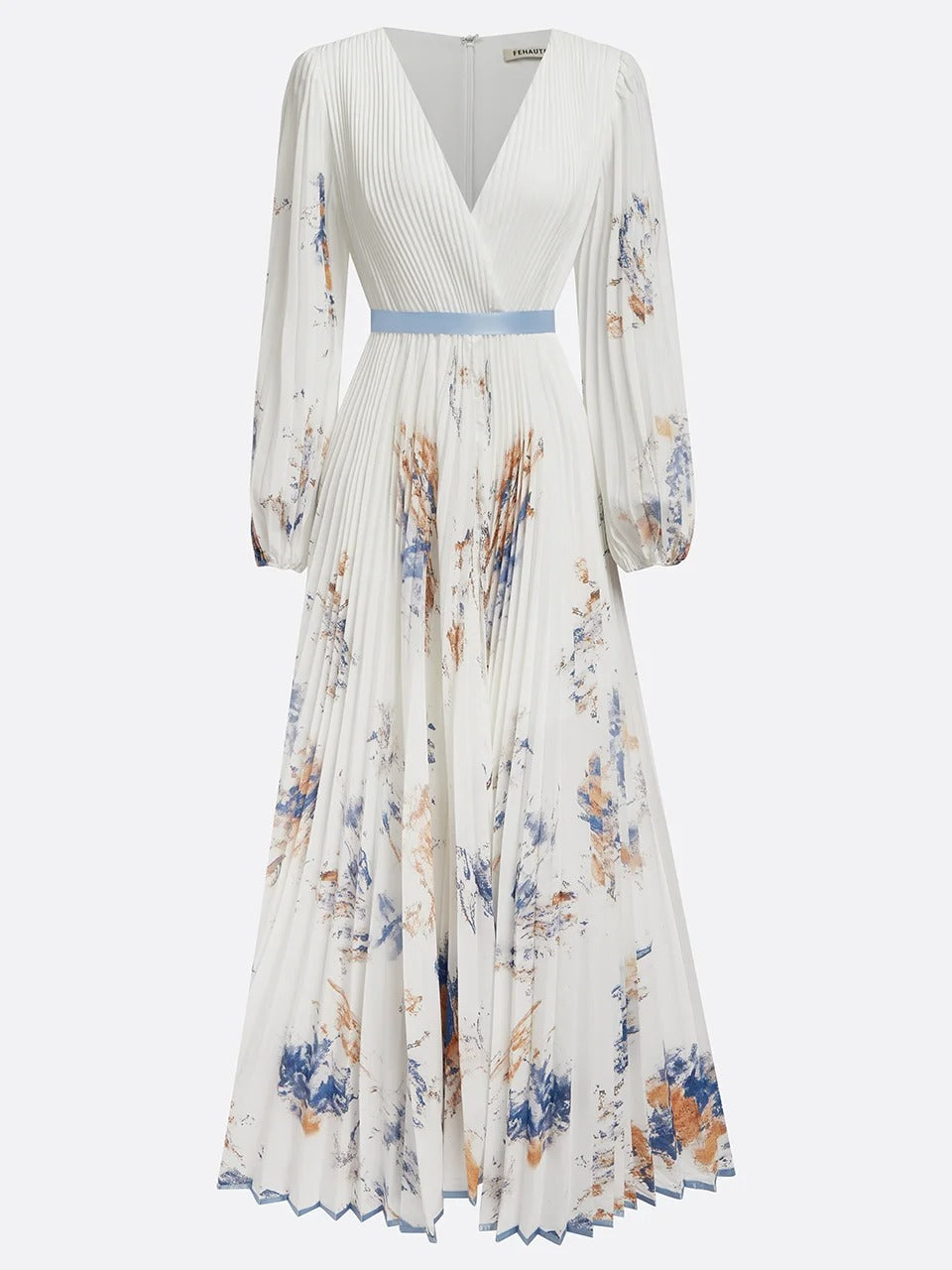 White Pleated Chiffon V Neck Floral Long Sleeve Balloon Sleeve A-Line Maxi Dress