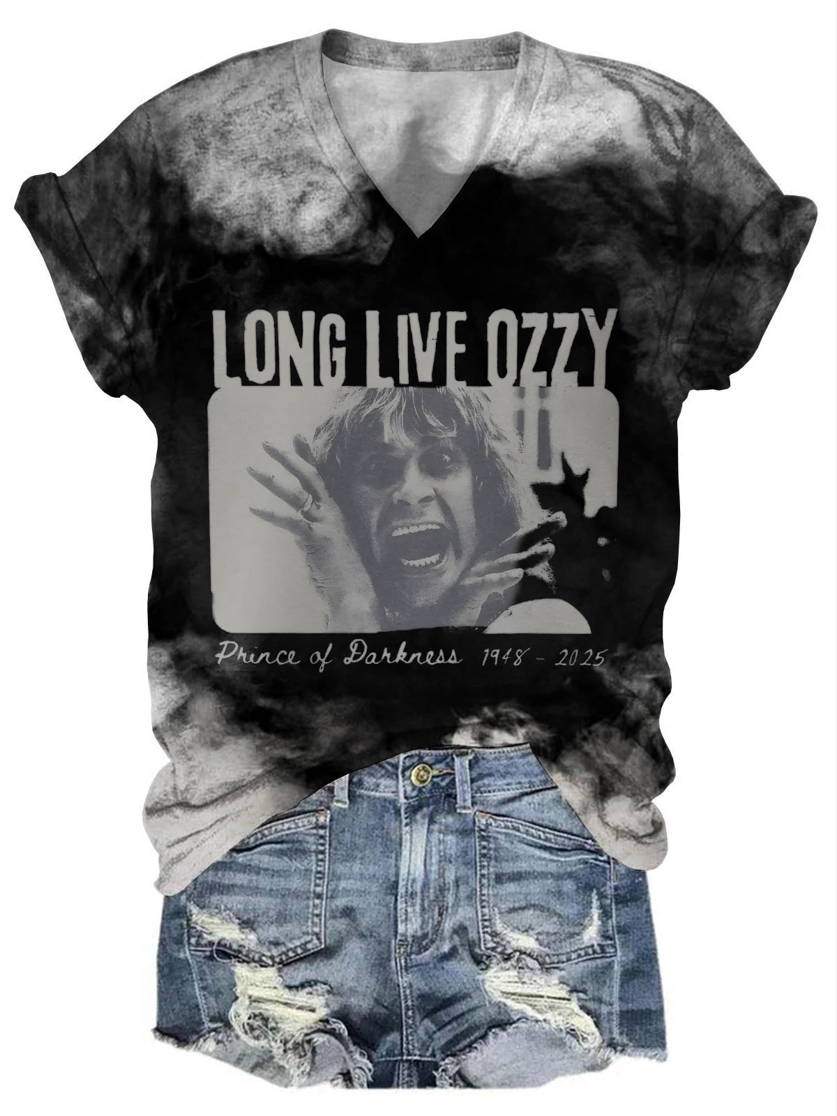 Commemorative Ozzy Osbourne Printed V-Neck T-Shirt