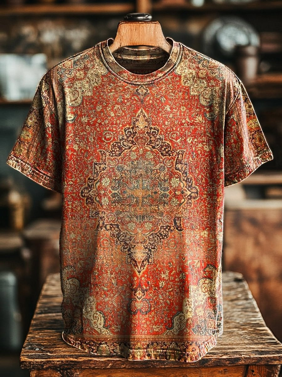 Retro Ethnic Geometric Rug Flower Print Casual T-Shirt