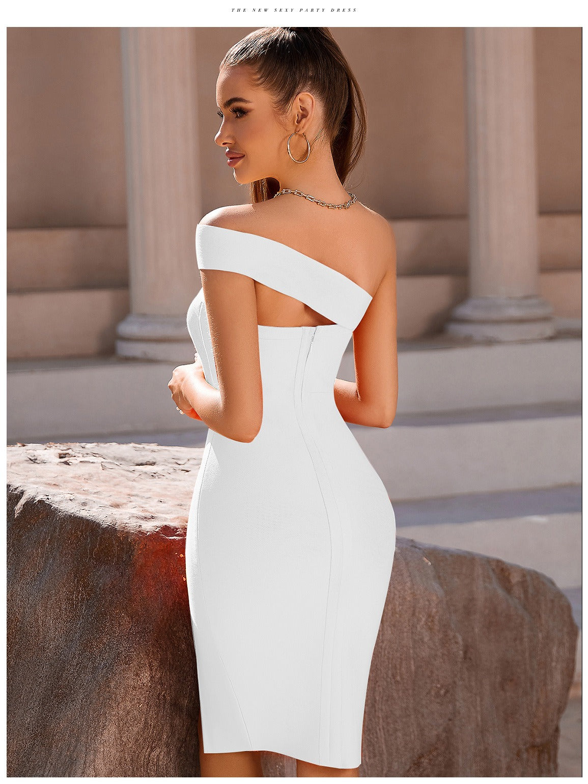 Sexy Strapless Split Breasted Slant Shoulder Hollow Out Bandage Midi Dress
