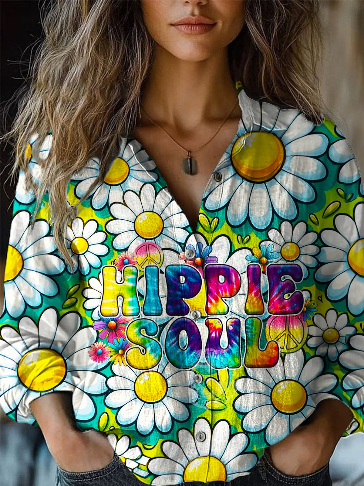 Colorful Daisy Flowers Hippie Art Women's Printed Casual Shirt