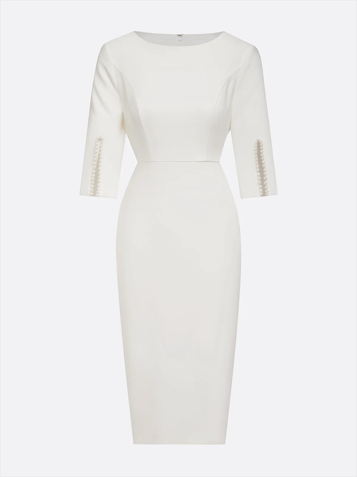 White Imitation Pearls Classic Crew Neck Half Sleeve Sheath Midi Dress