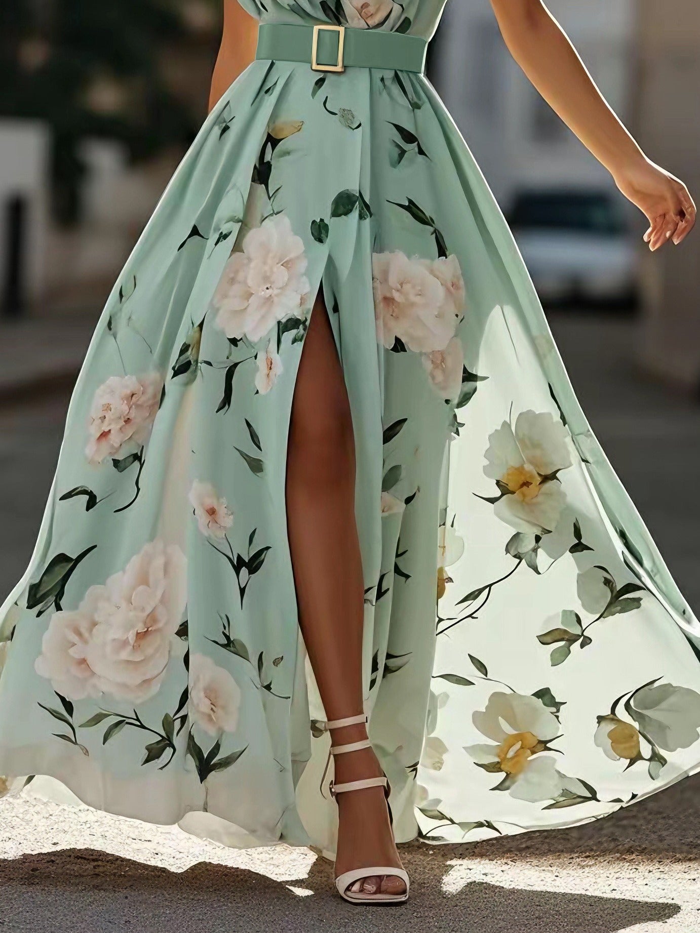 Light Green Floral Ruched One Shoulder A-Line Maxi Chiffon Dress