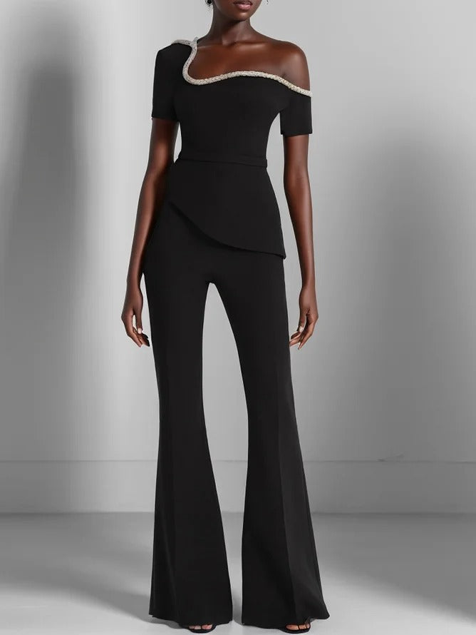 Women Black Asymmetrical Rheinstone Wide-Leg Jumpsuit