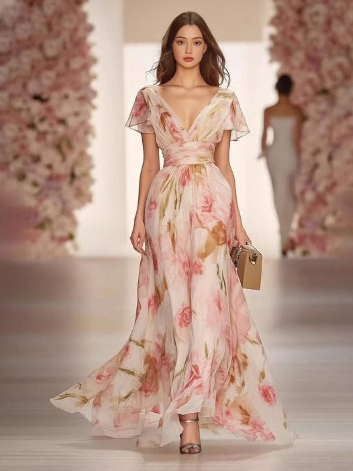 Pink Crushed Floral Short Sleeve V-Neck Elasticated Waist Maxi Dress