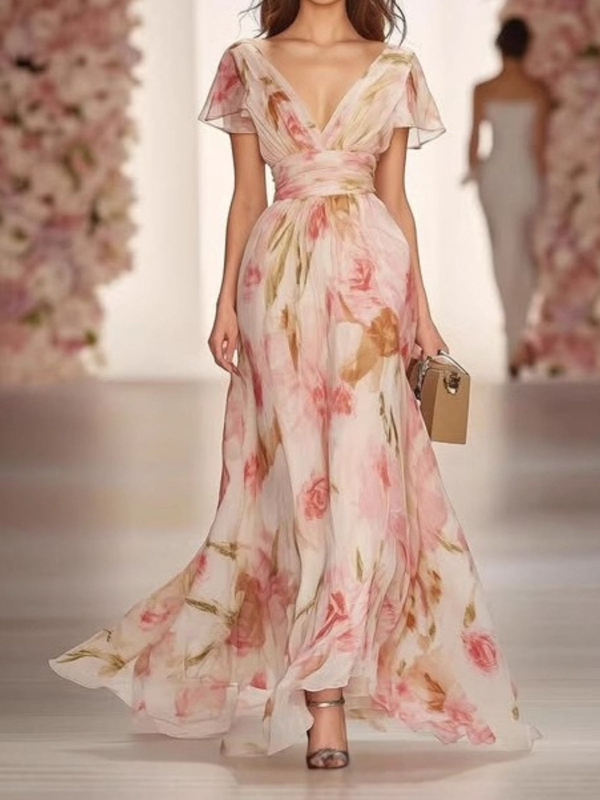 Pink Crushed Floral Short Sleeve V-Neck Elasticated Waist Maxi Dress