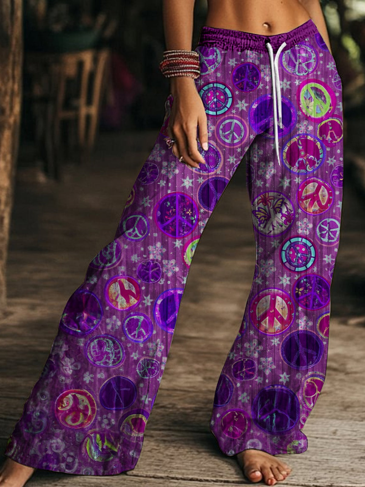 Vintage Tie Dye Peace Hippie Art Women's Drawstring Wide-Leg Pants