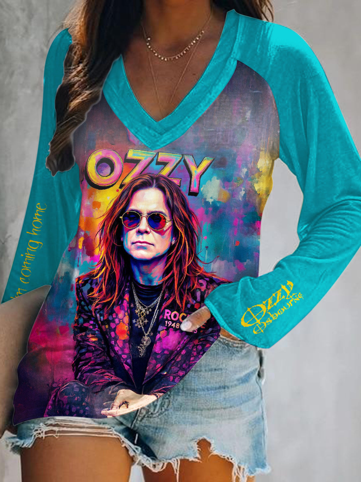 Ozzy Osbourne Print V-Neck Long Sleeve Top
