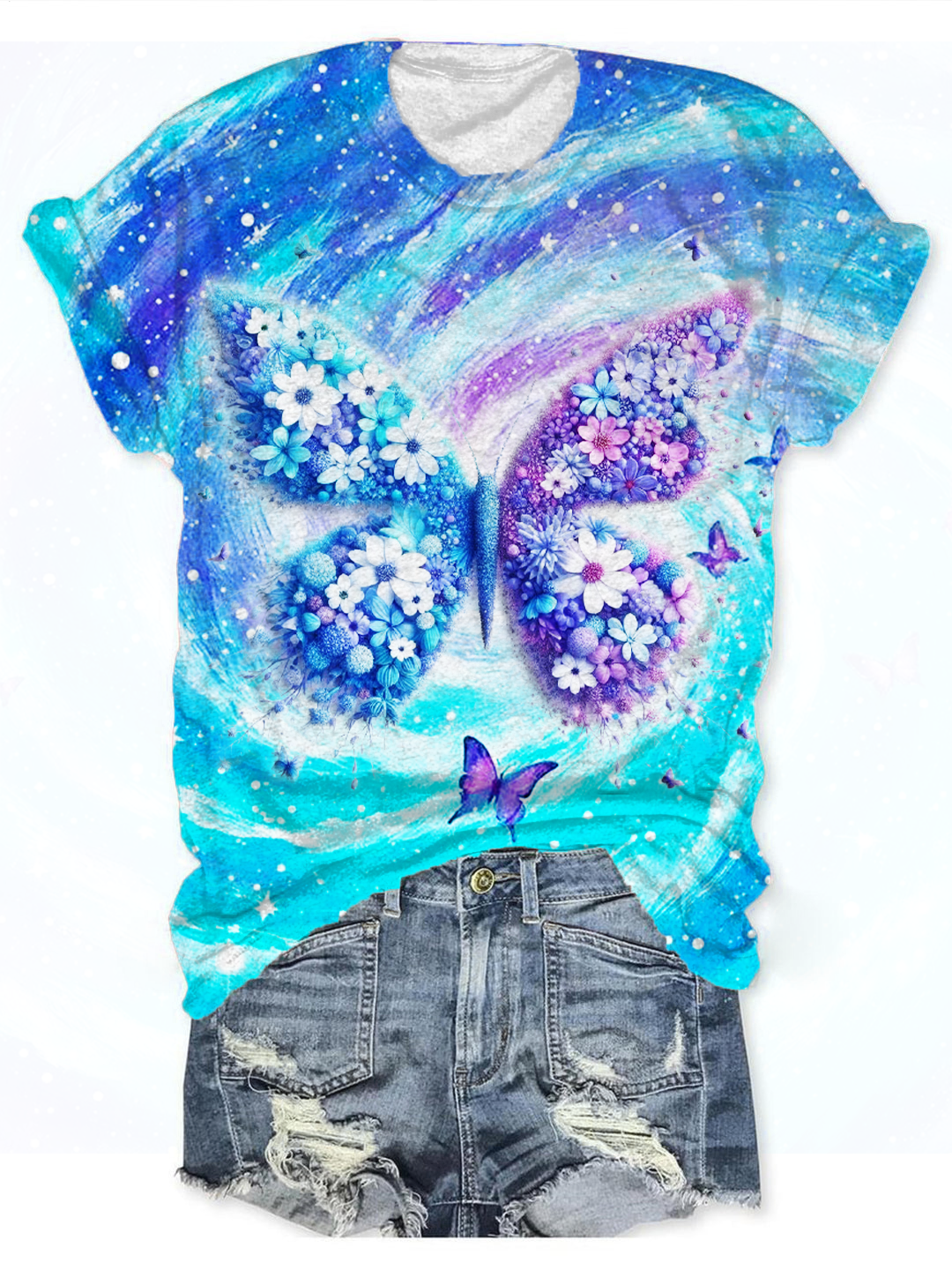 Vivid Floral Butterfly Print Crew Neck T-shirt