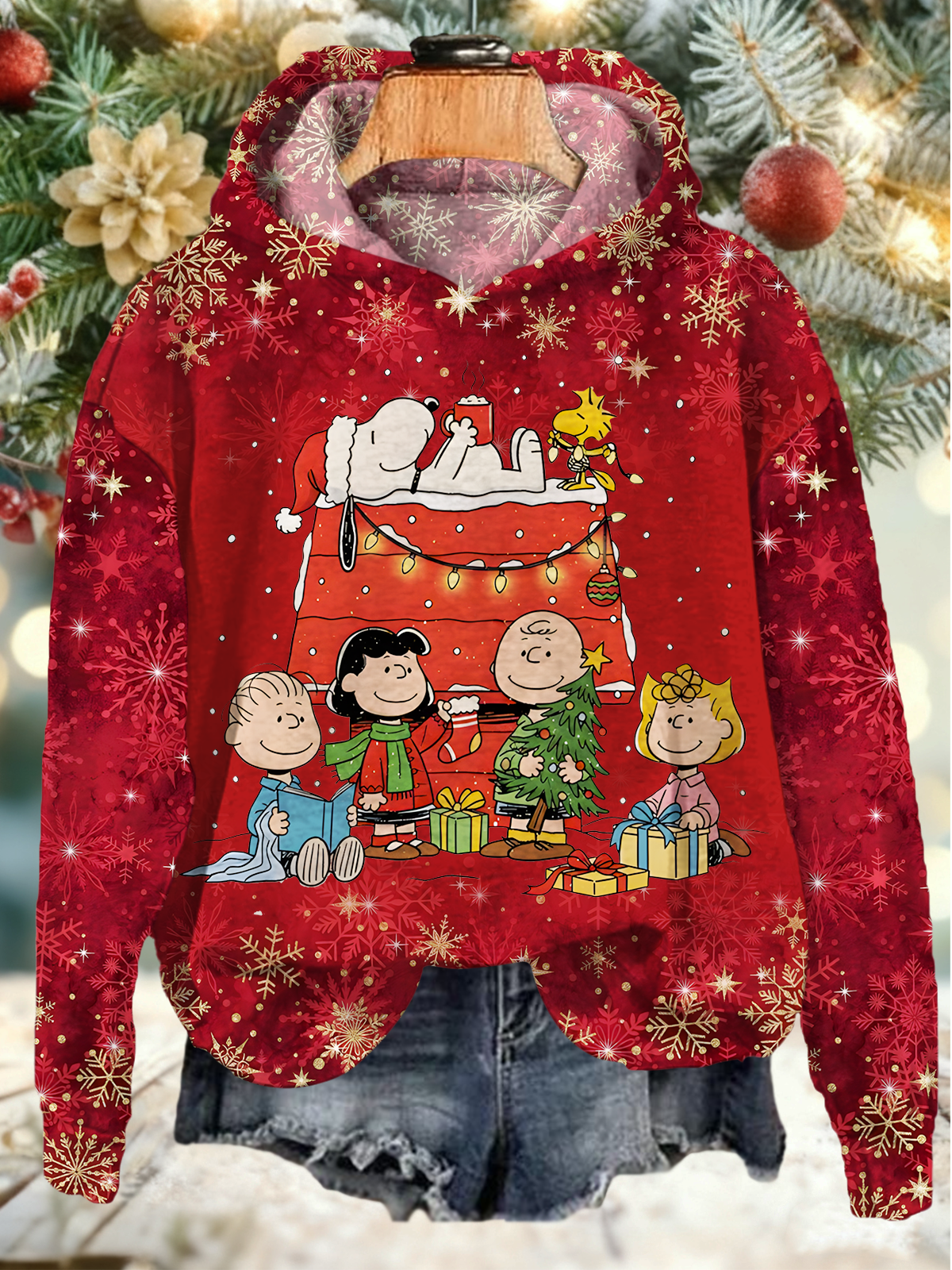 Christmas Snoopy And Friend Long Sleeve Printed Hoodie