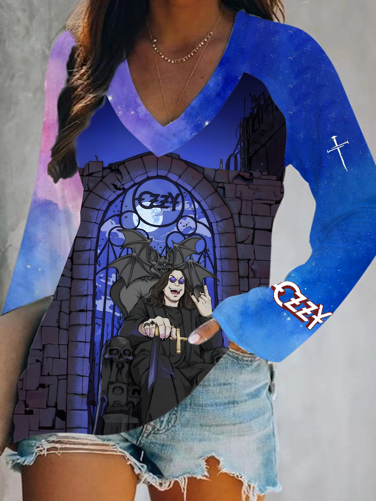 In Memory of Ozzy Print V-Neck Long Sleeve Top