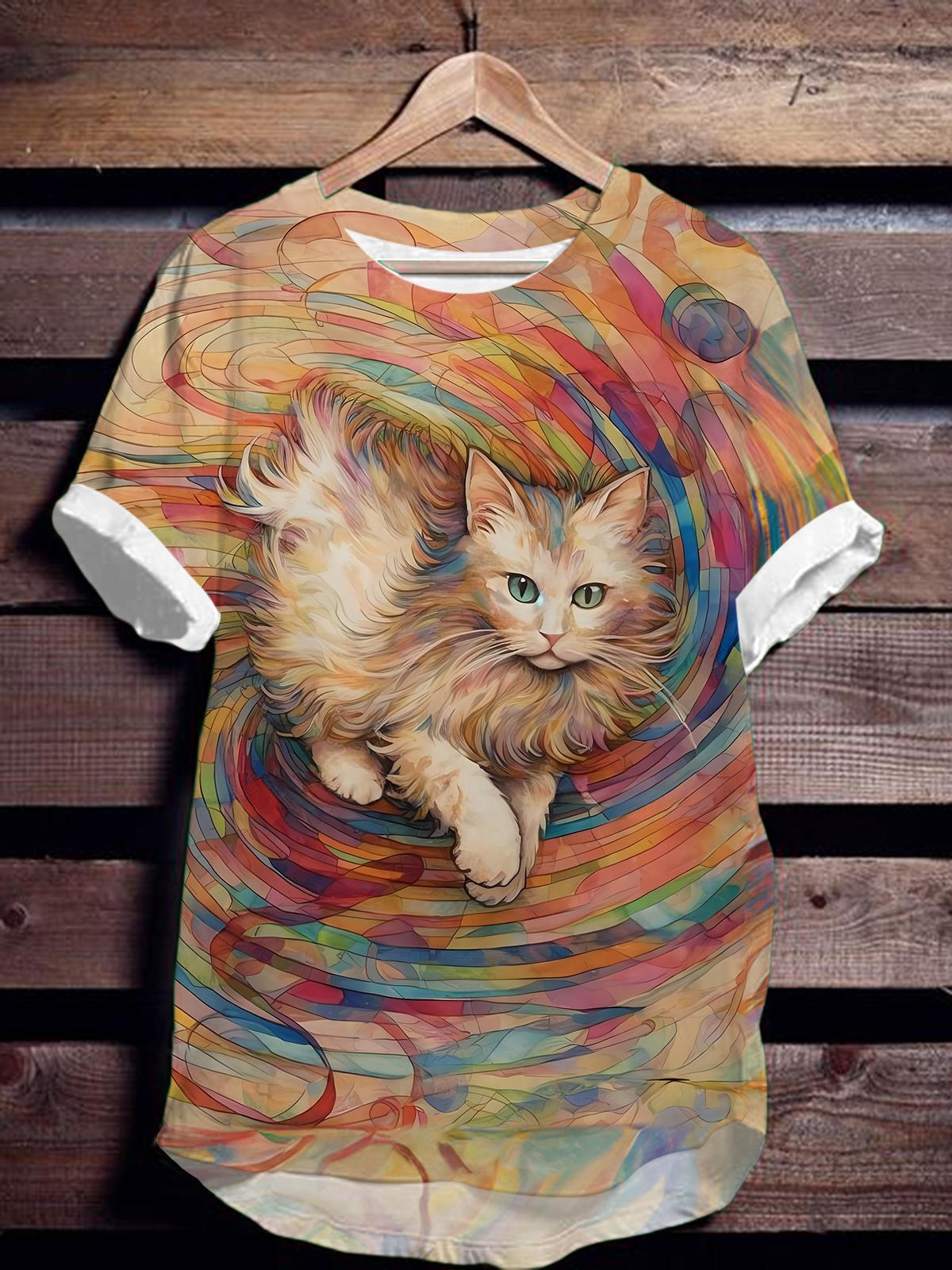 猫の抽象的な線アートクルーネックTシャツ