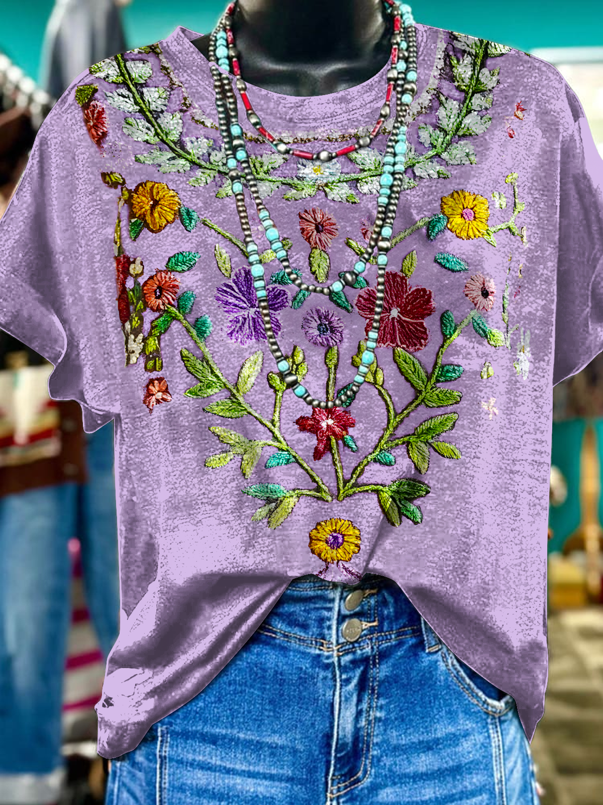 Vintage Floral Pattern Art Crew Neck T-shirt
