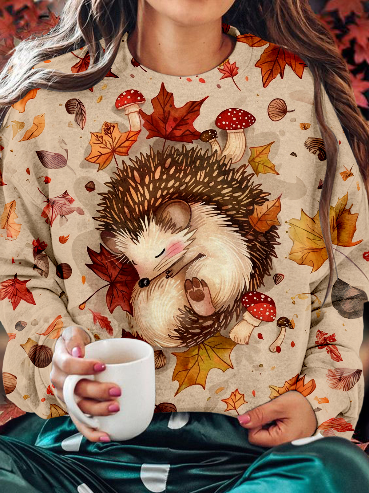 Fun Autumn Hedgehog Printed Long Sleeve Casual Top