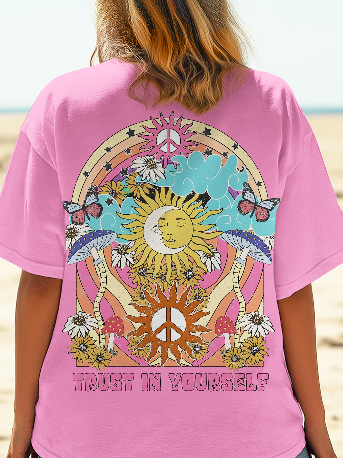 Vintage Sun Peace Hippie Art Crew Neck T-shirt