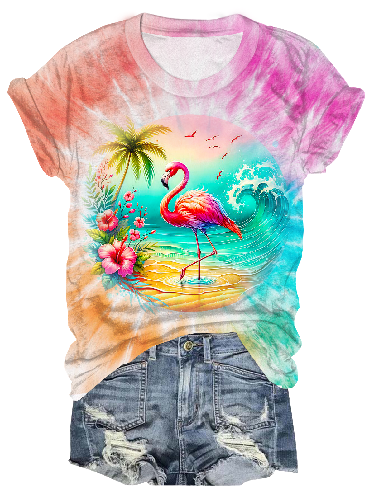 T-Shirt mit Rundhalsausschnitt und tropischem Flamingo