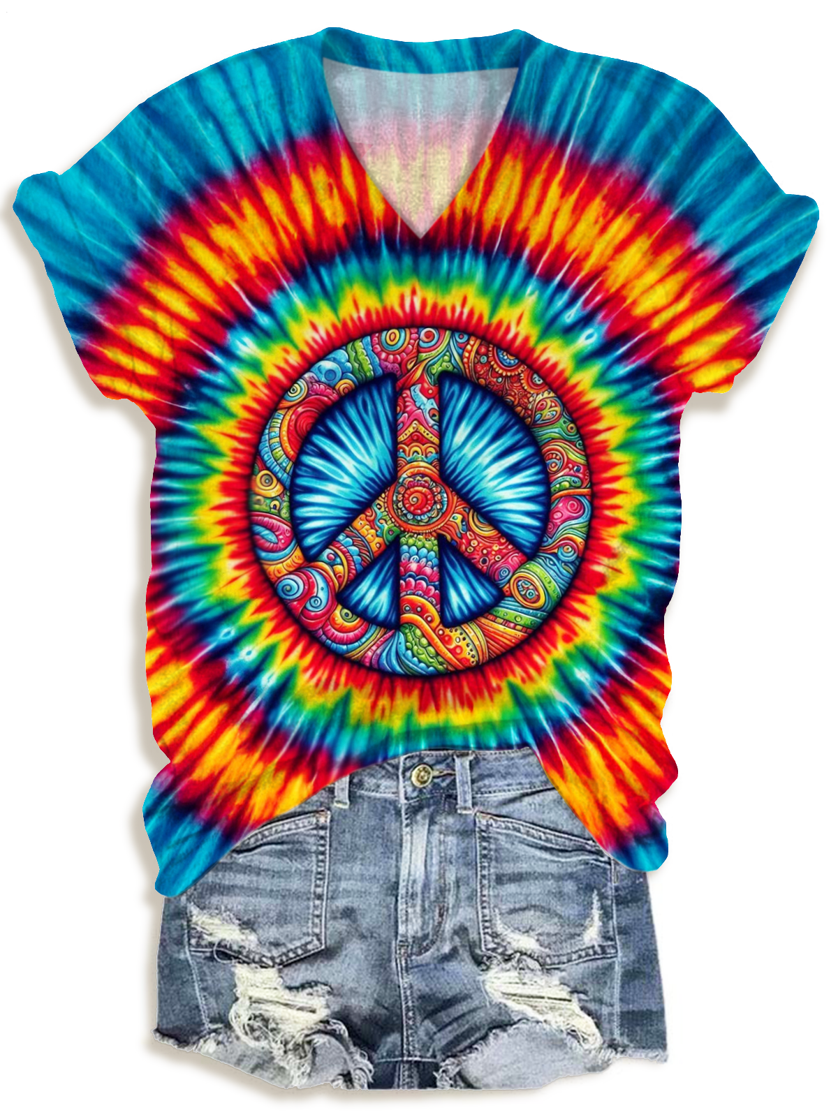 レトロなタイダイ柄ピースヒッピーVネックTシャツ