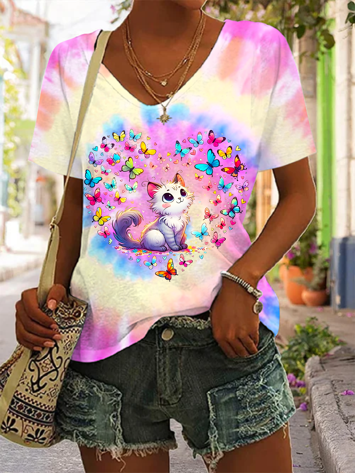 Tie-dye Heart Butterfly V-neck T-Shirt