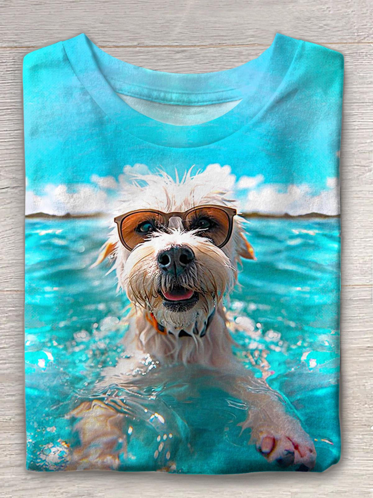 Cute Swimming Puppy Print Crew Neck T-shirt