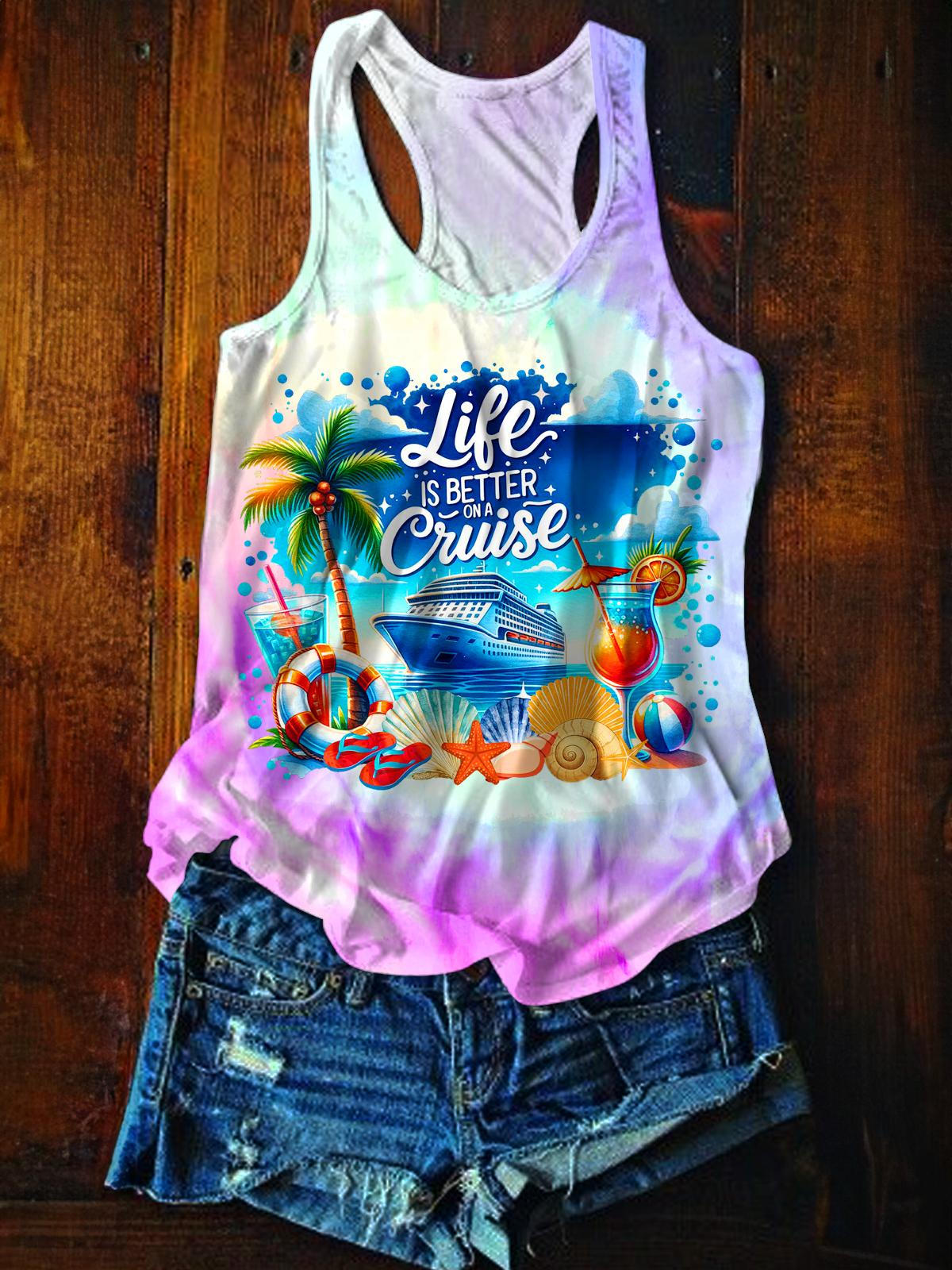 Life Is Better on A Cruise Tie Dye Print Casual Tank Top