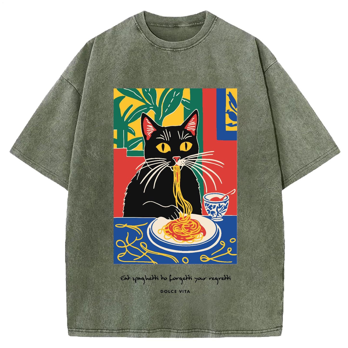 Cat Eating Ramen Vintage Washed Crew Neck T-Shirt