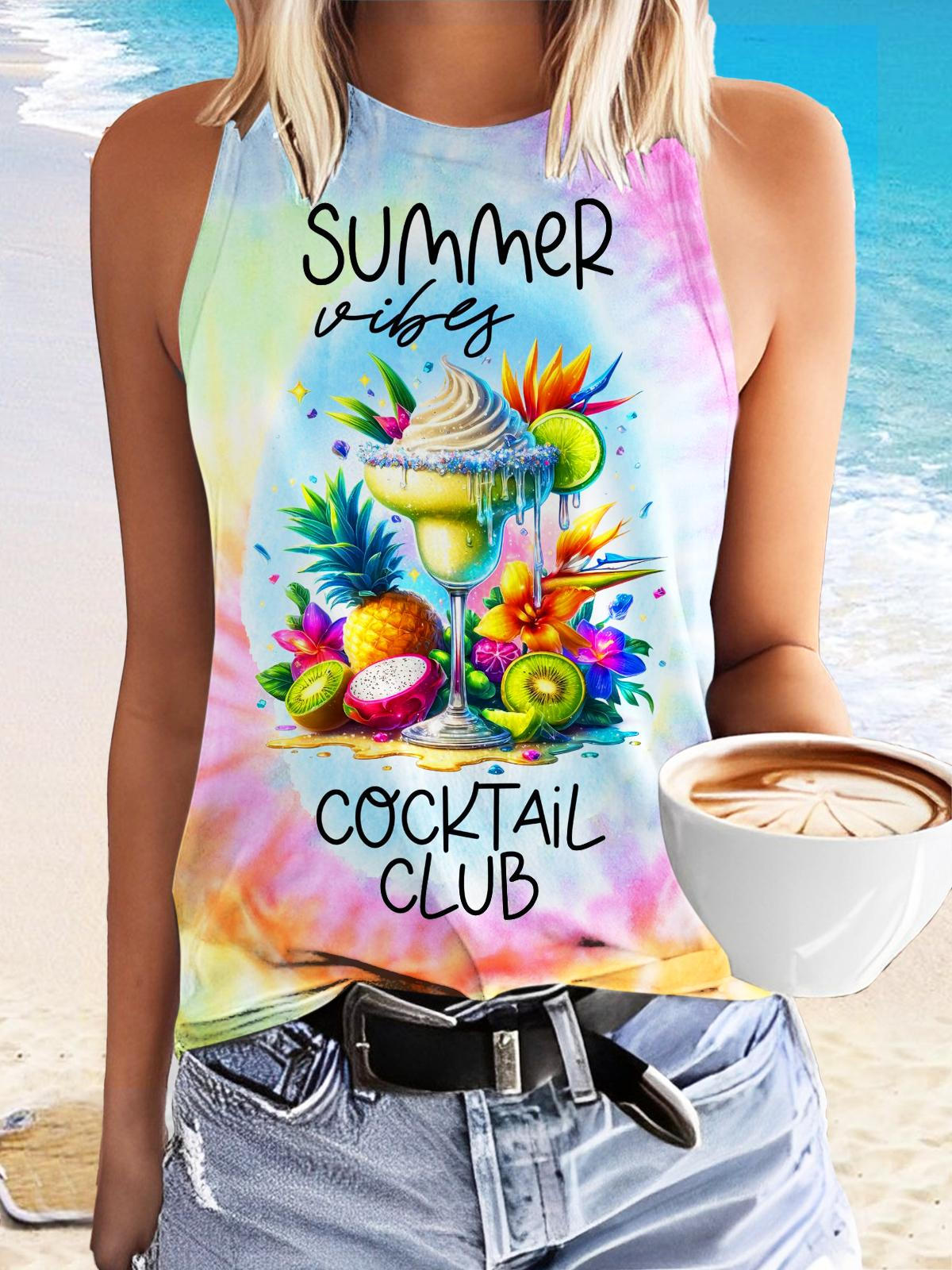 Summer Vibes 칵테일 클럽 프린트 캐주얼 슬리브리스 탑