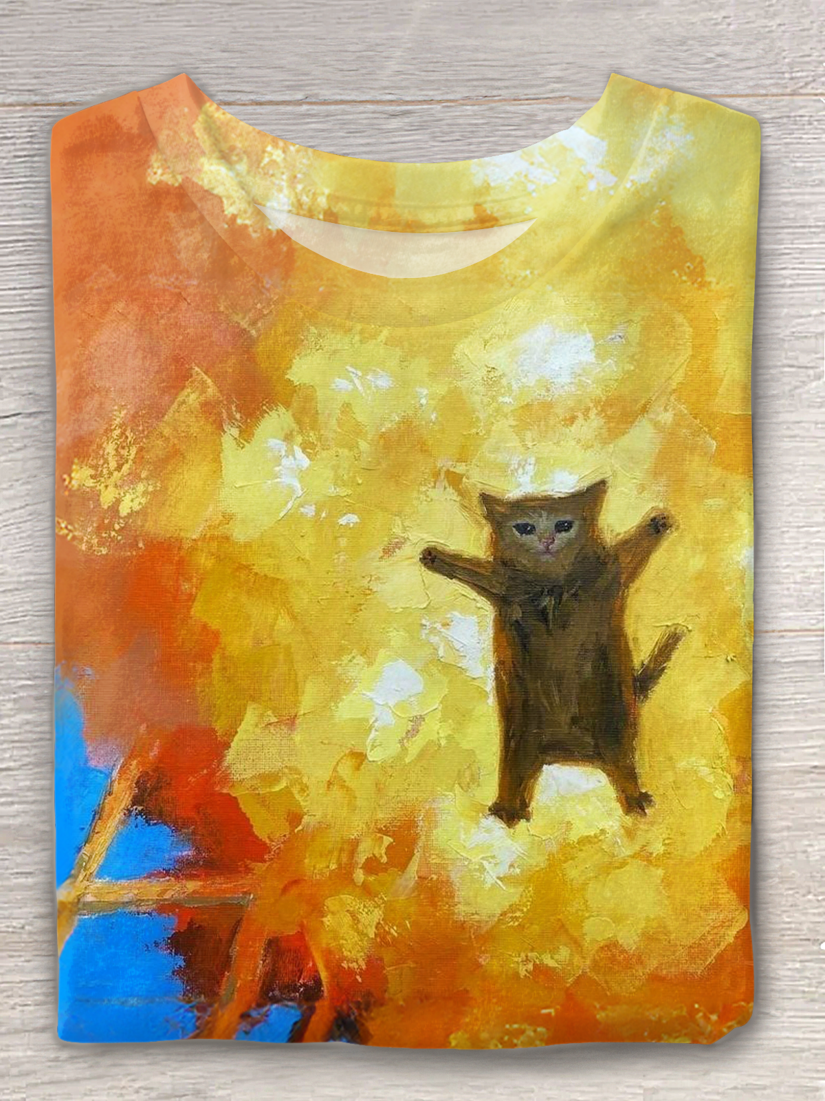 抽象的な面白い猫のアートクルーネックTシャツ