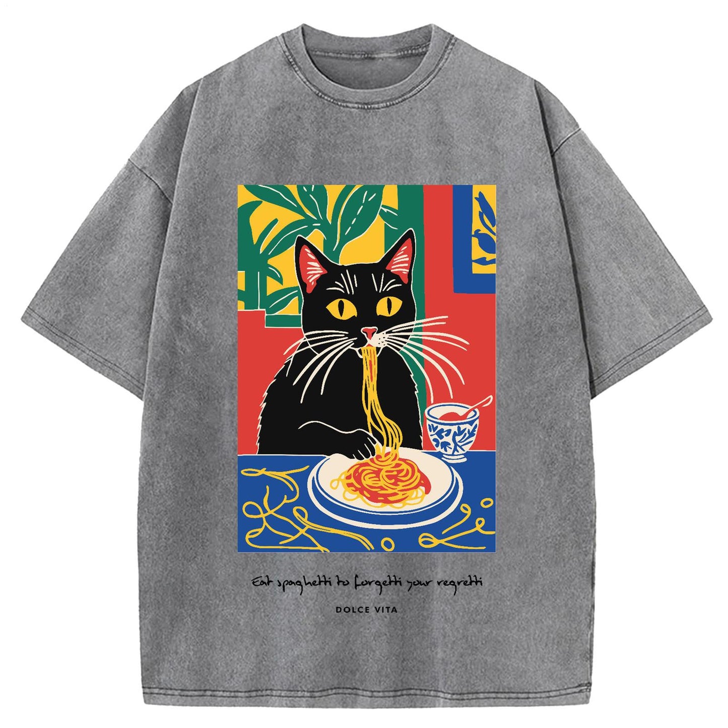 Cat Eating Ramen Vintage Washed Crew Neck T-Shirt