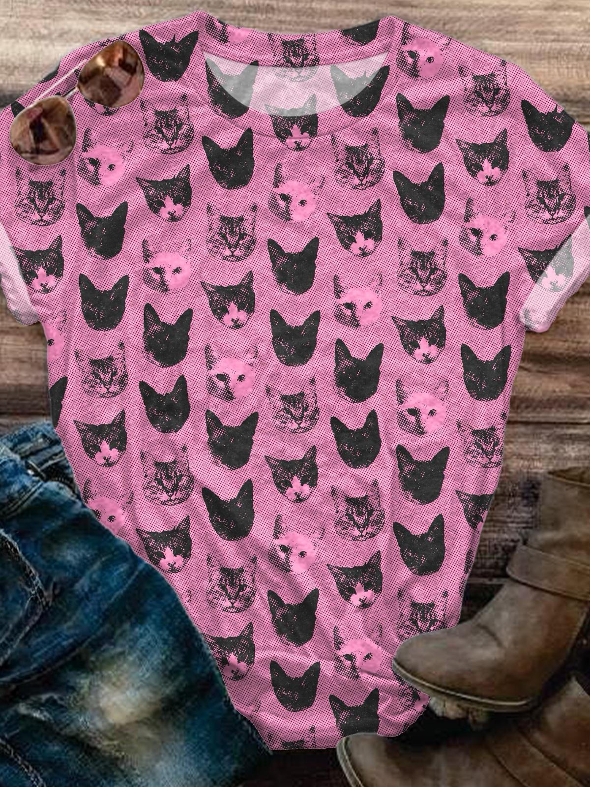 かわいい猫プリントクルーネックTシャツ