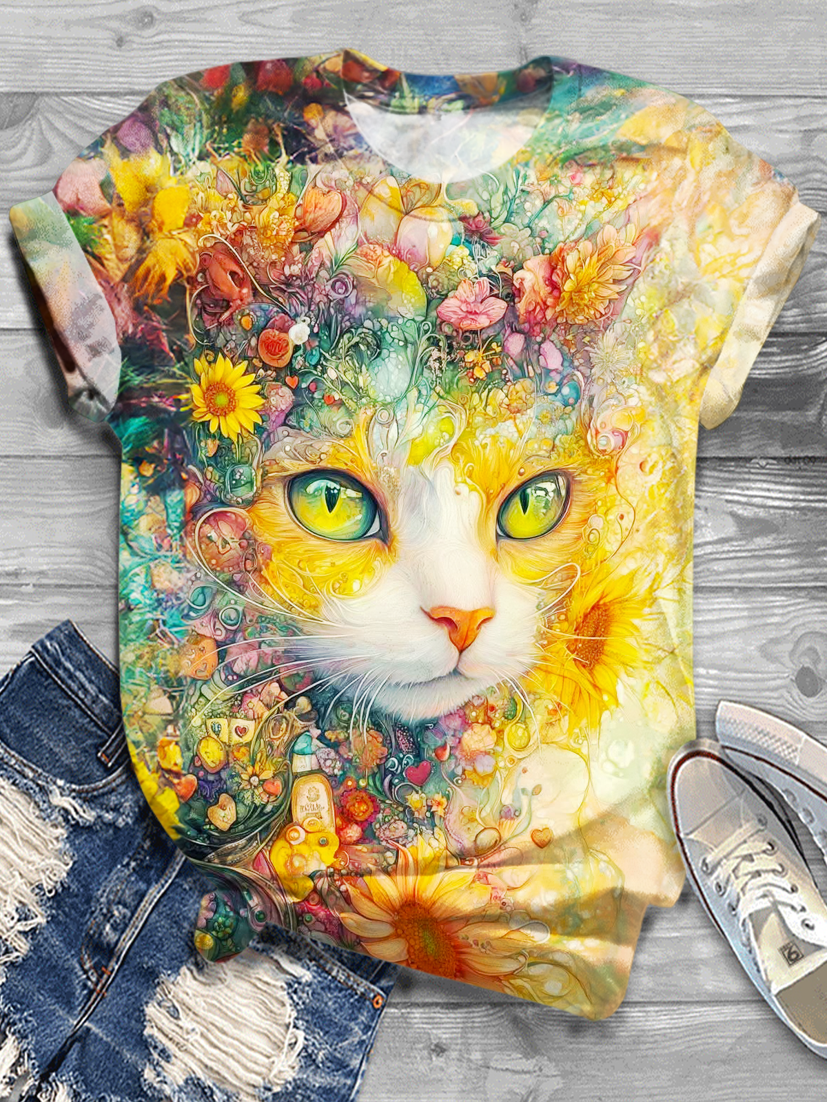 Retro Floral Cat Art Crew Neck T-shirt