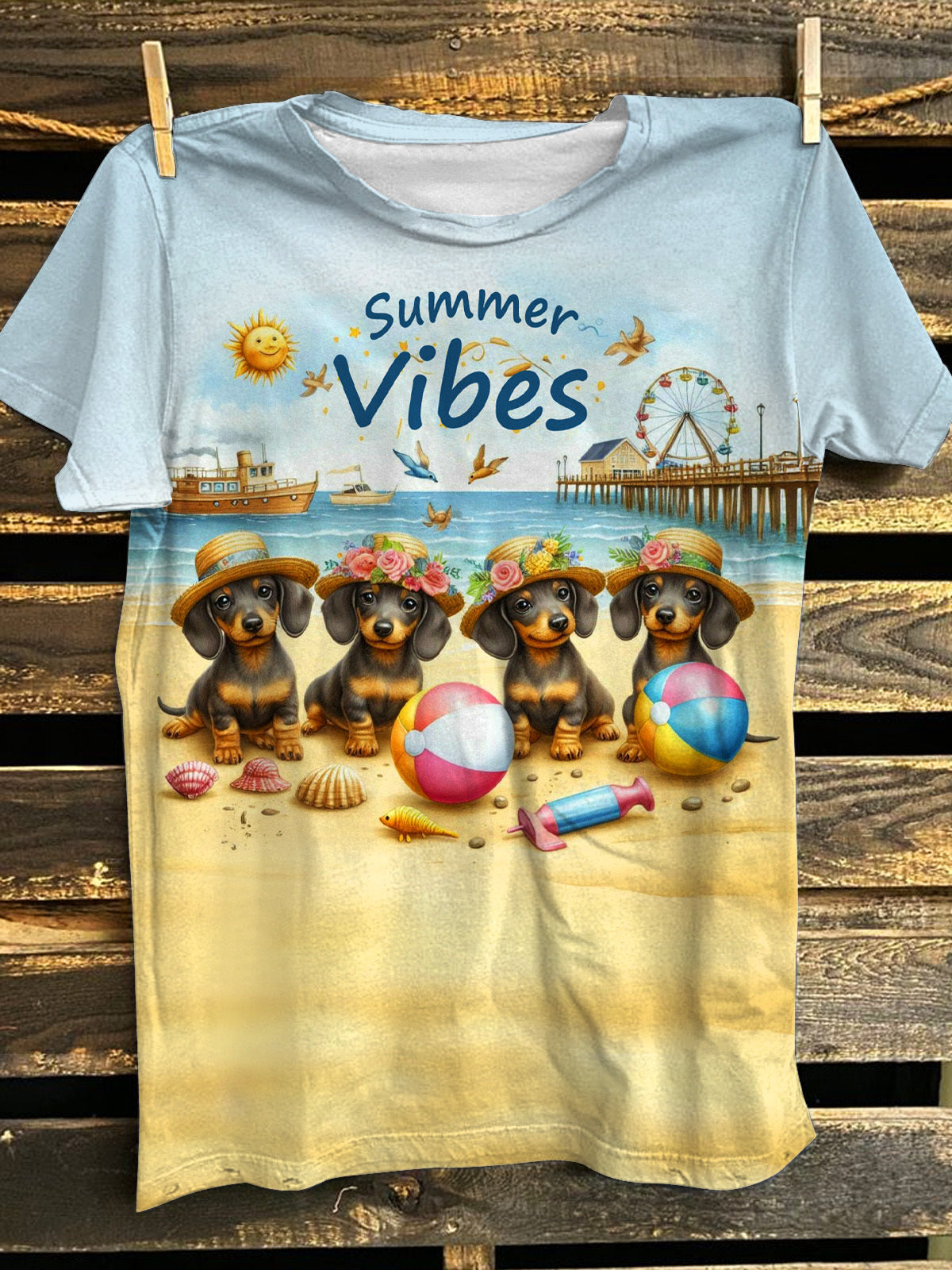 Dachshund On Vacation Crew Neck T-shirt