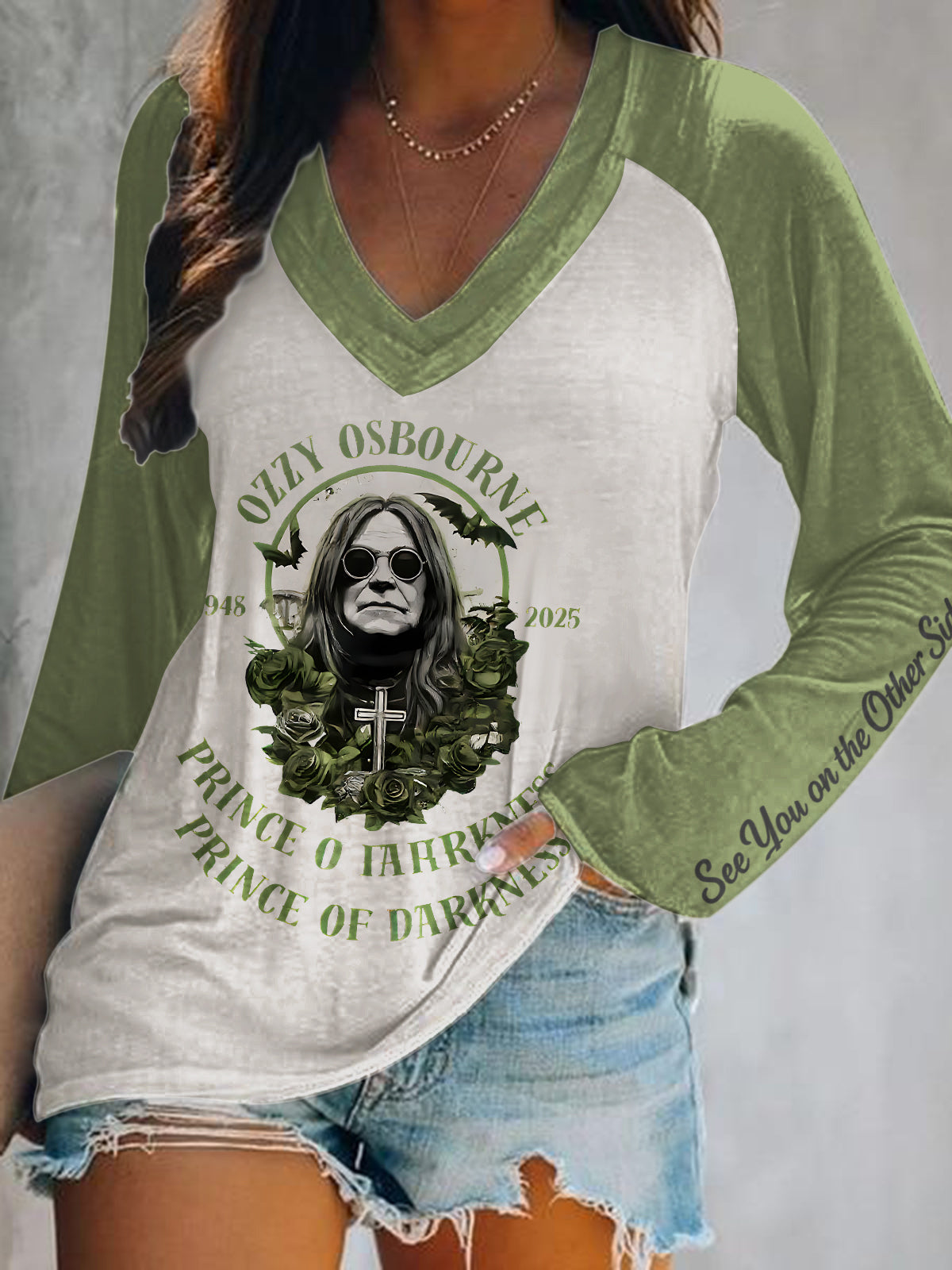 In Memory of Ozzy Osbourne Print V-Neck Long Sleeve Top