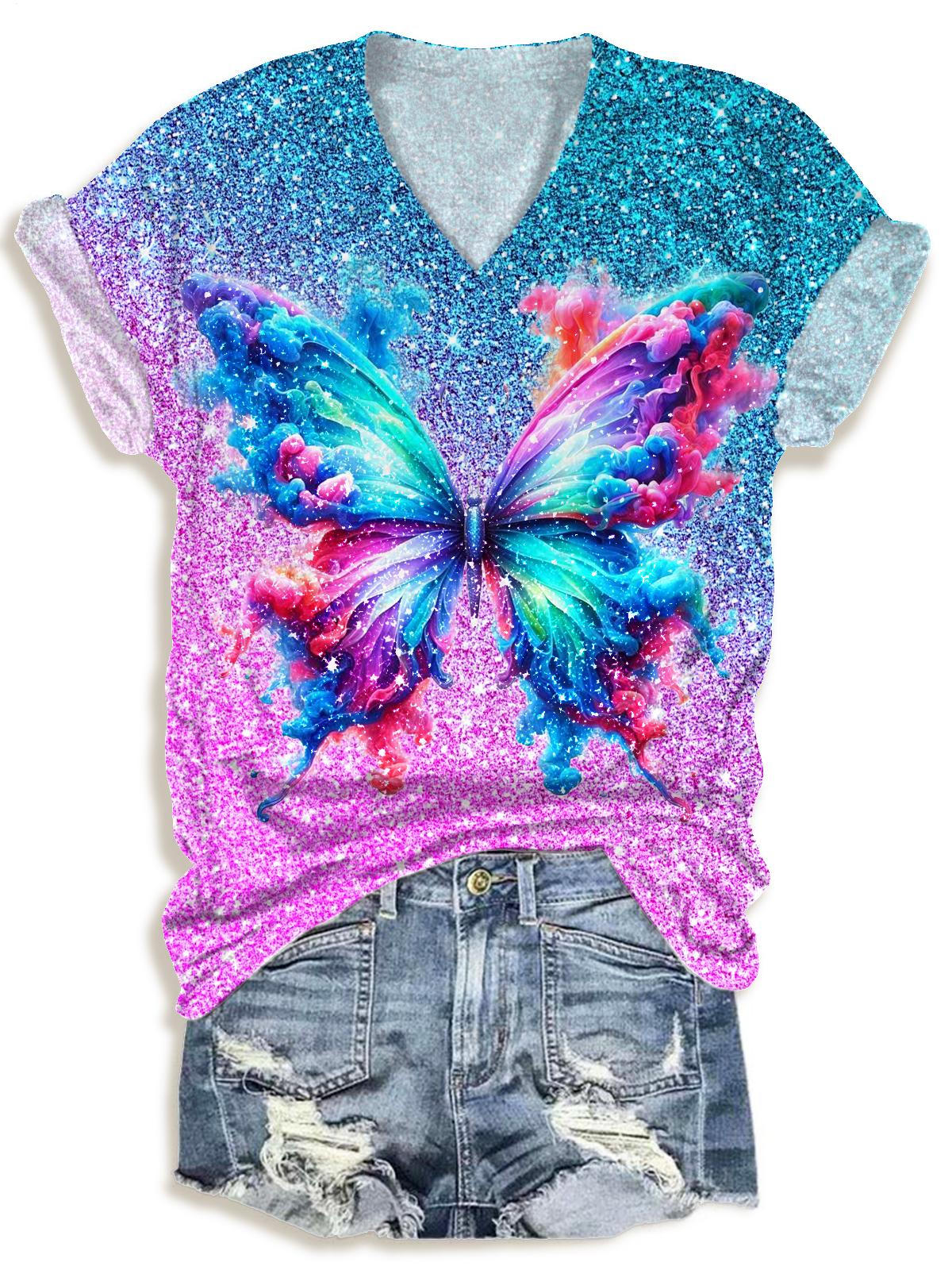 スパンコールカラーブロックバタフライプリントVネックTシャツ