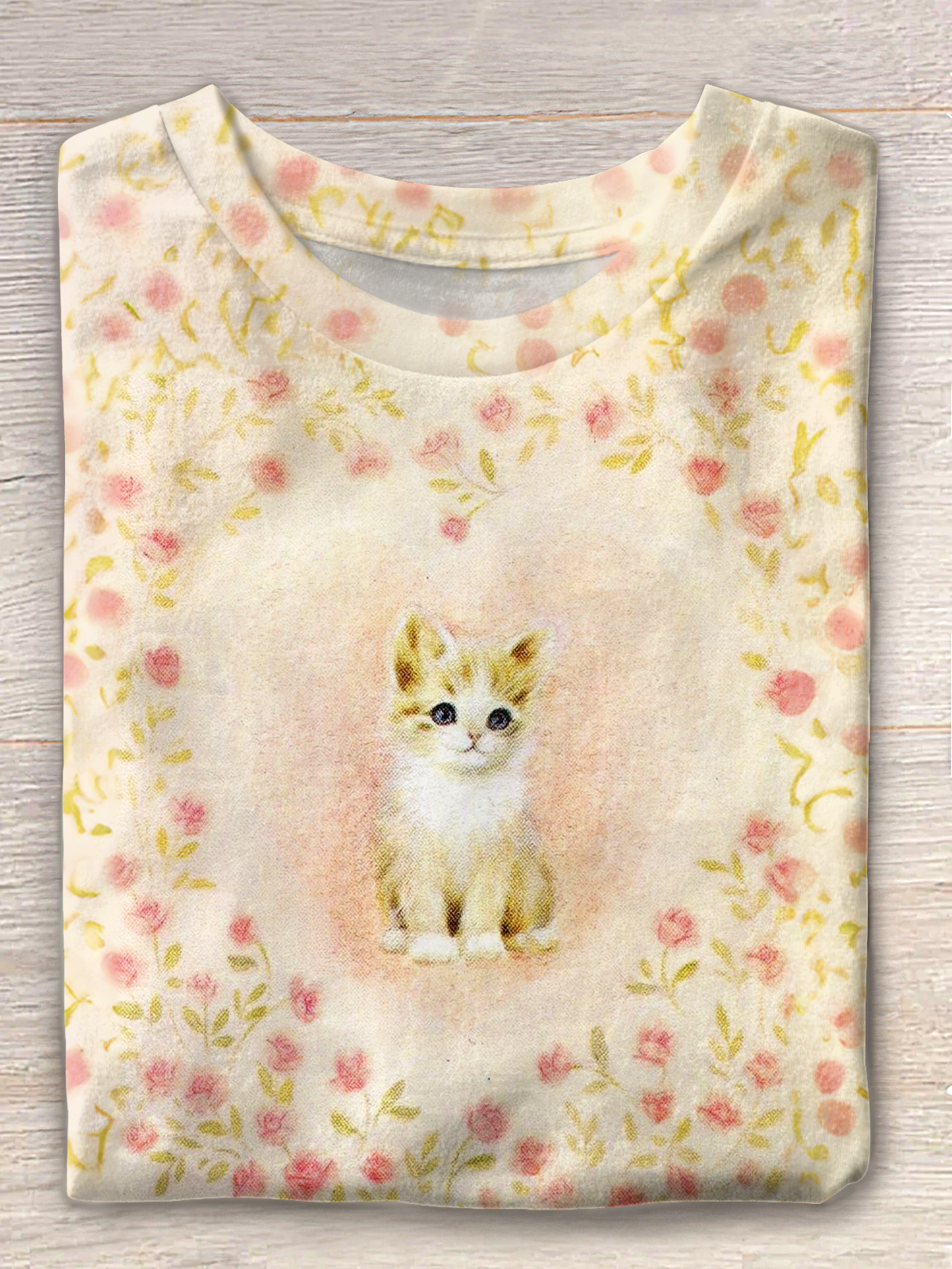 レトロな花柄ラブキャットアートクルーネックTシャツ