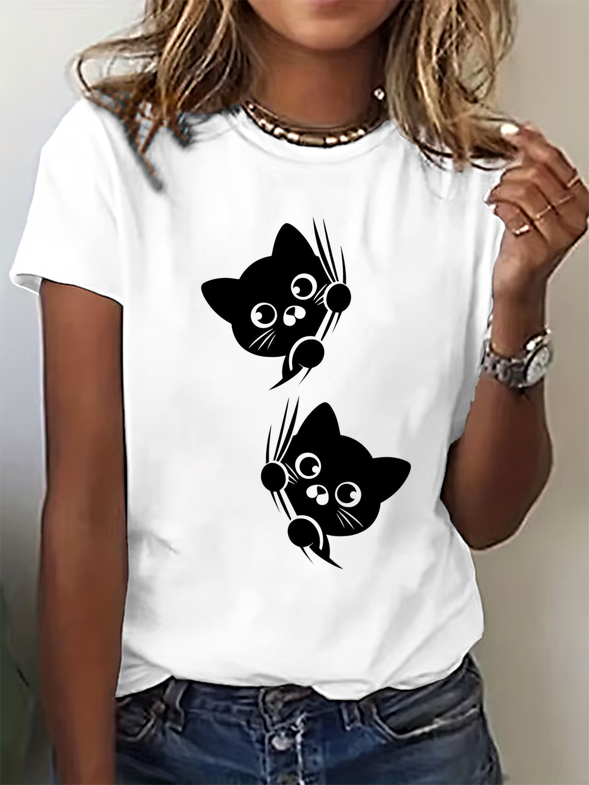 Vintage Cat Art Print Crew Neck T-shirt