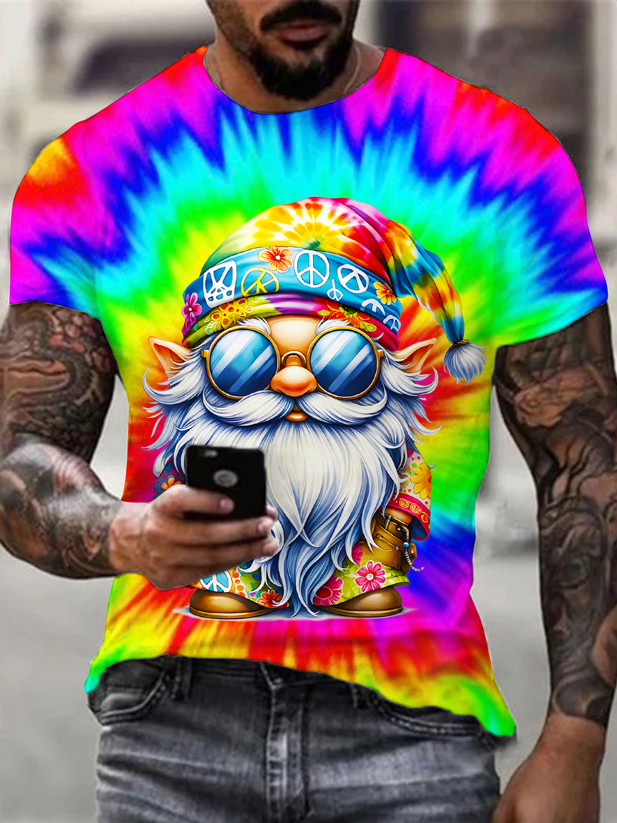 Colorful Hippie Gnome Art Round Neck Short Sleeve Men's T-shirt