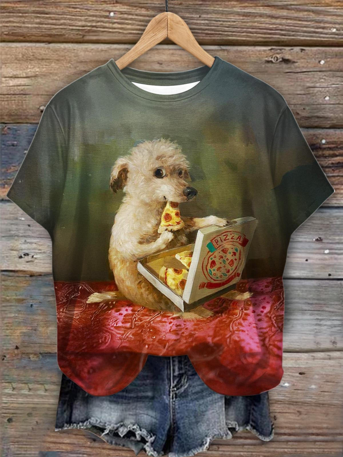 油絵ラムプリントクルーネックTシャツ