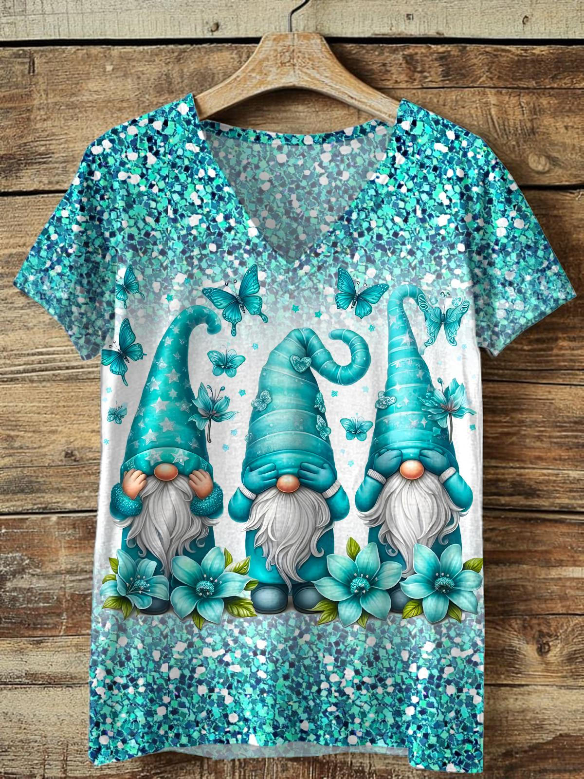 Vintage Sequin Cute Gnome Print V-neck T-Shirt